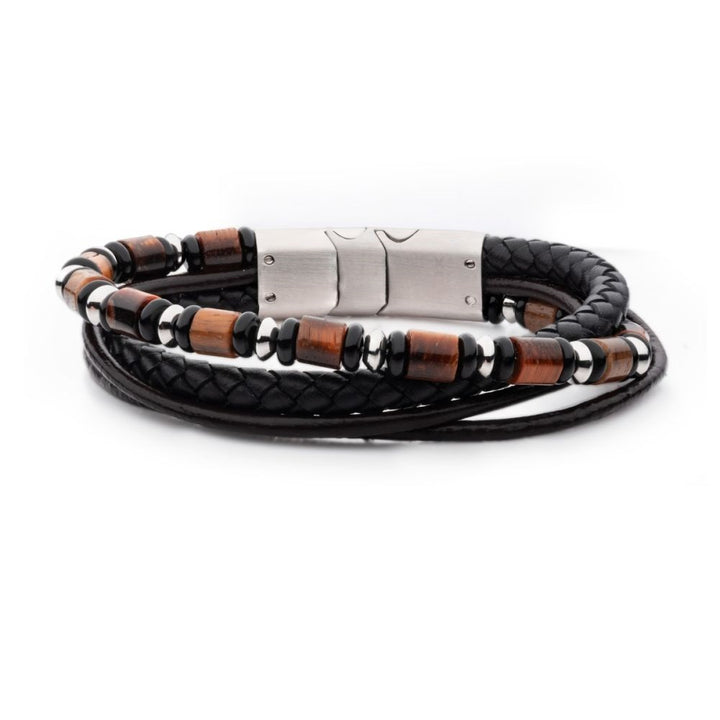 Men's Black and Brown Full Grain Leather Bracelet with Onyx and Tiger's Eye