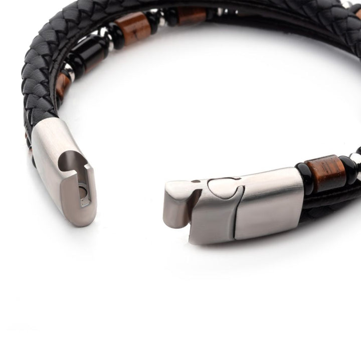 Men's Black and Brown Full Grain Leather Bracelet with Onyx and Tiger's Eye