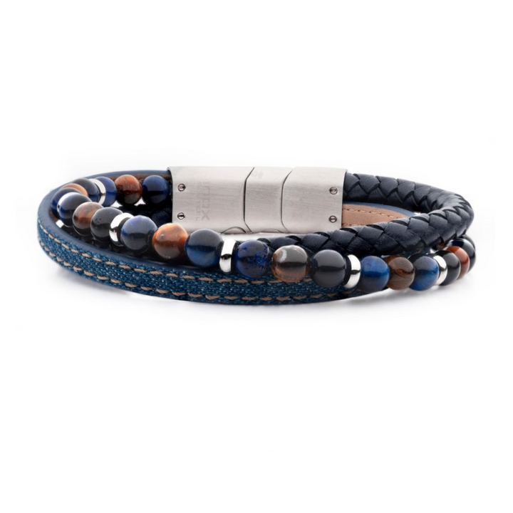 Men's Full Grain Leather and Denim Multi-Strand Bracelet with Lapis Lazuli and Tiger's Eye