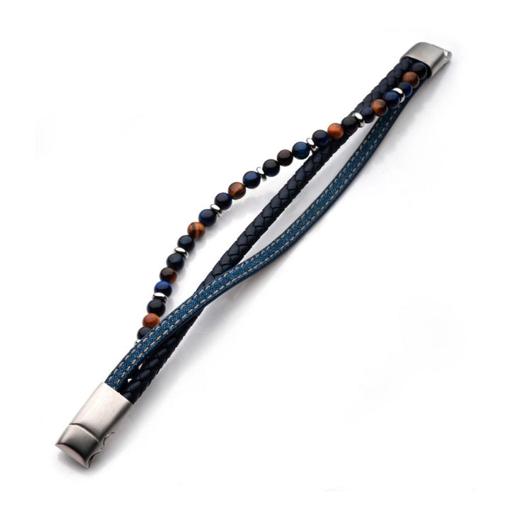 Men's Full Grain Leather and Denim Multi-Strand Bracelet with Lapis Lazuli and Tiger's Eye