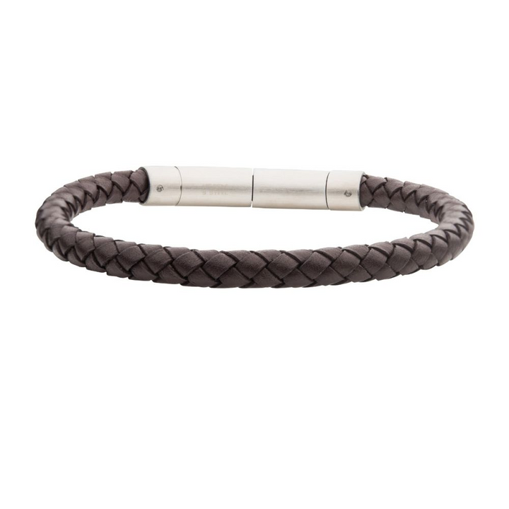 Men's Full Grain Braided Leather Bracelet with Stainless Steel Clasp - 6 mm, Brown