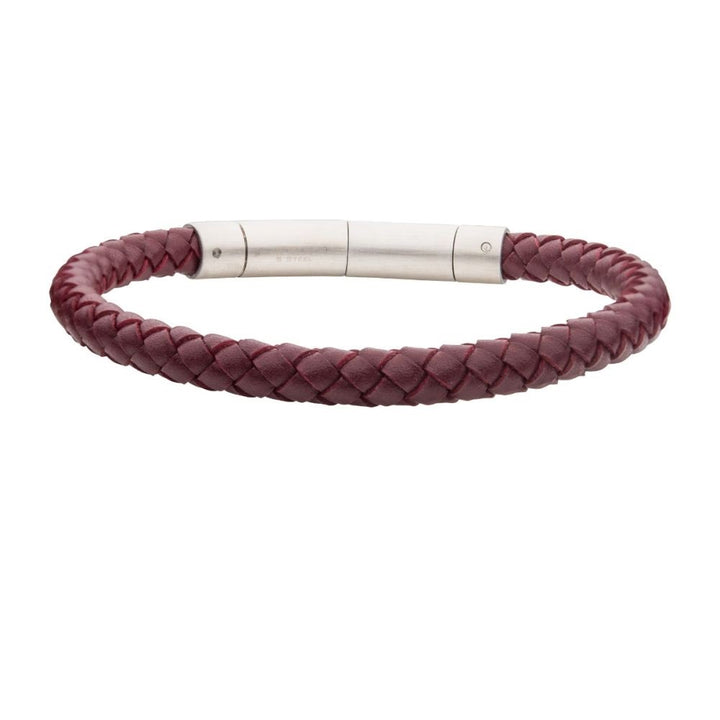 Men's Full Grain Braided Leather Bracelet with Stainless Steel Clasp - 6 mm, Burgundy