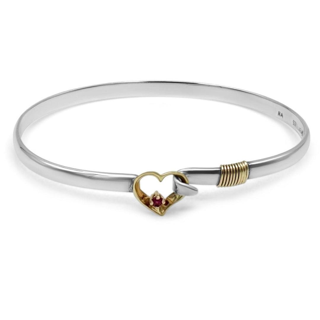 Heart w/ Ruby Bangle Bracelet - 14K Gold, and Sterling Silver