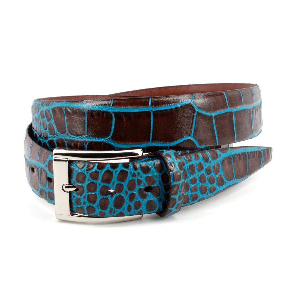 Bi- Color Faux Crocodile Embossed Calfskin Belt - Brown / Blue