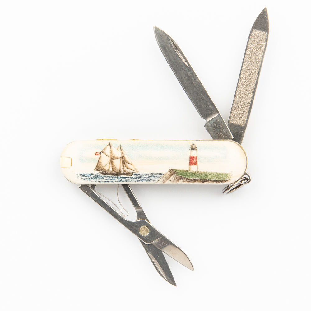 Schooner, Lighthouse and Nantucket Island Swiss Army Knife  - Scrimshaw, Stainless Steel