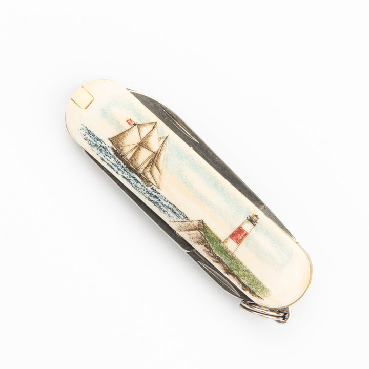 Schooner, Lighthouse and Nantucket Island Swiss Army Knife  - Scrimshaw, Stainless Steel