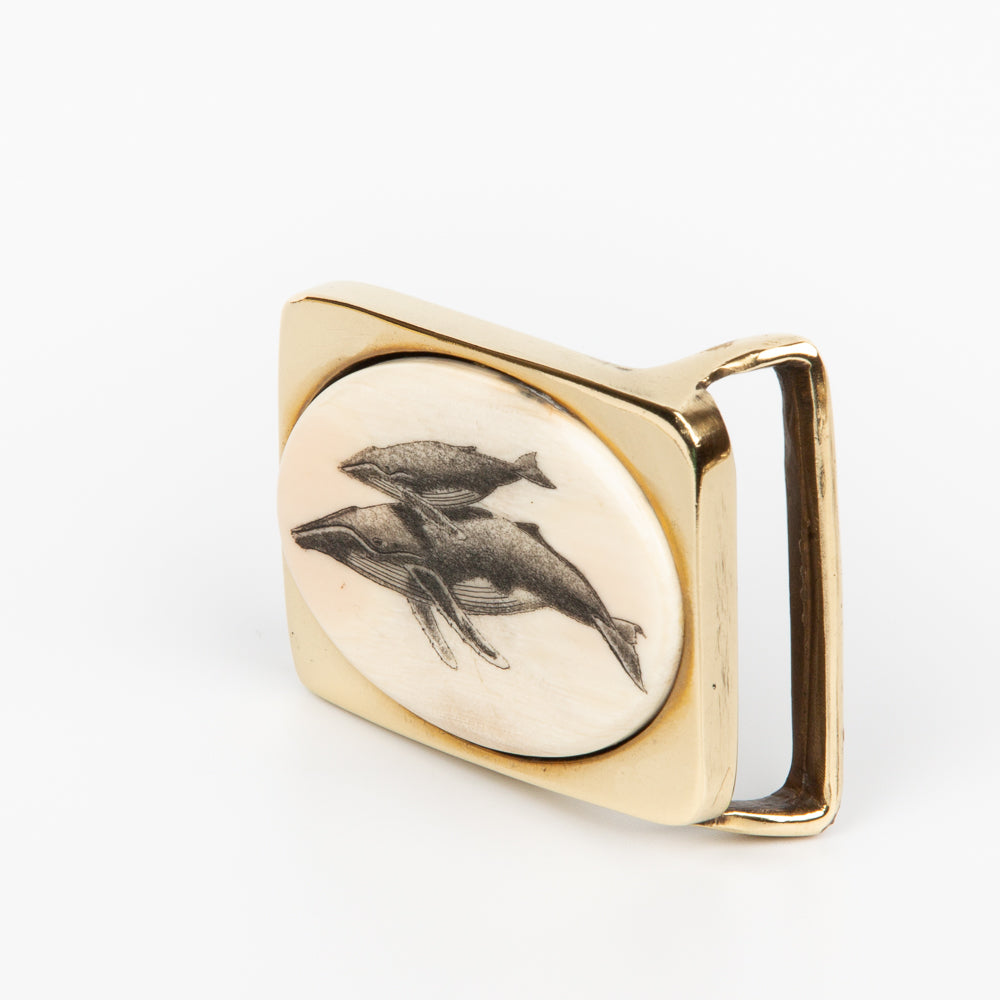 Humback Whales Buckle Sm - Scrimshaw, Mammoth Ivory, Solid Brass