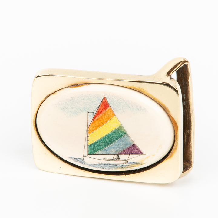 Rainbow Sail Catboat Buckle Sm - Scrimshaw, Mammoth Ivory, Solid Brass