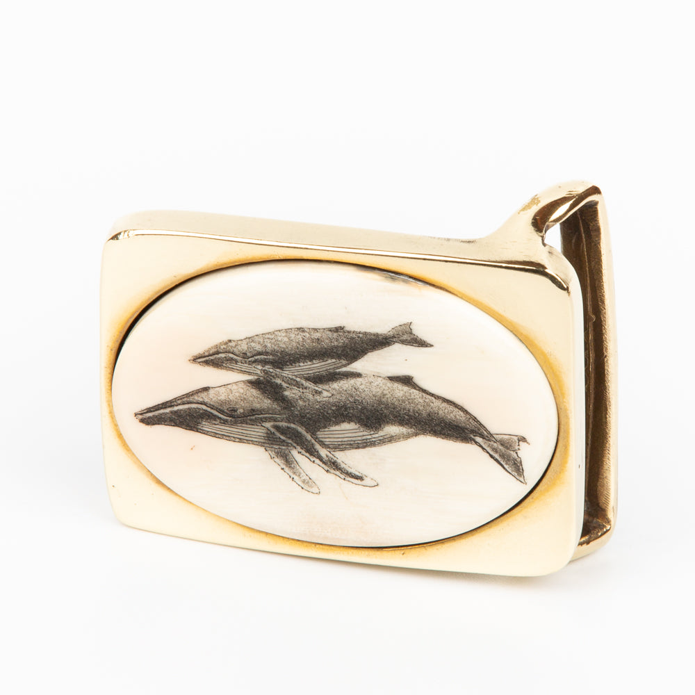 Humback Whales Buckle Sm - Scrimshaw, Mammoth Ivory, Solid Brass