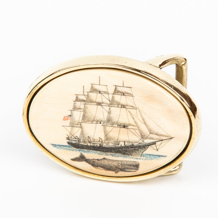 Clipper and Sperm Whale Buckle - Scrimshaw, Mammoth Ivory, Solid Brass