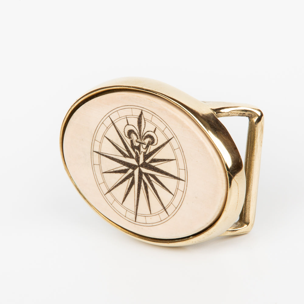 Compass Rose Buckle - Scrimshaw, Mammoth Ivory, Solid Brass