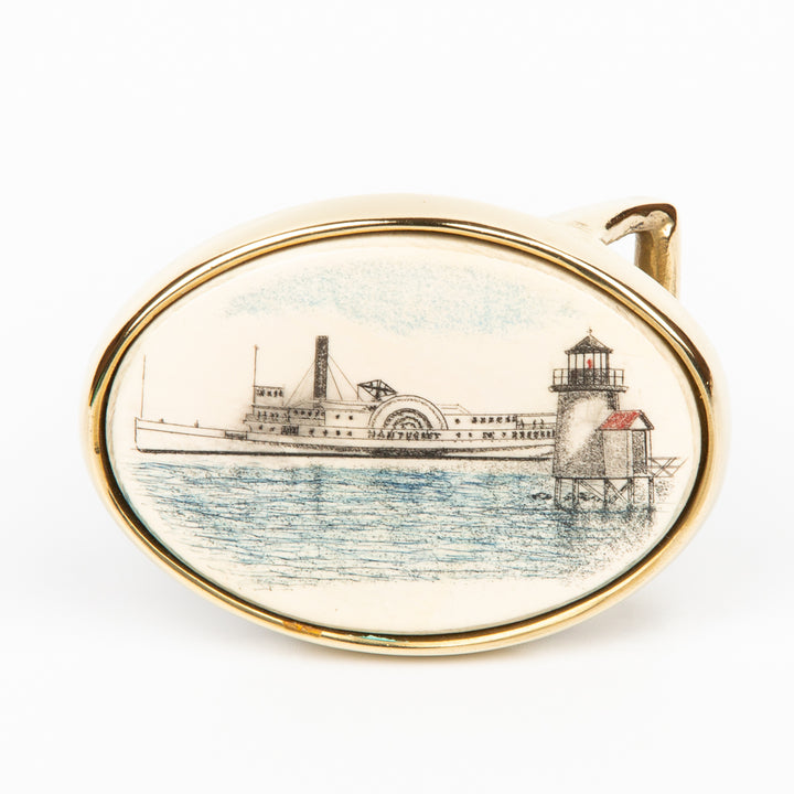 Steamship and Lighthouse Buckle - Scrimshaw, Mammoth Ivory, Solid Brass