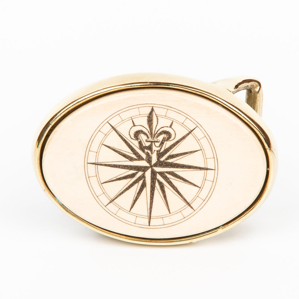 Compass Rose Buckle - Scrimshaw, Mammoth Ivory, Solid Brass