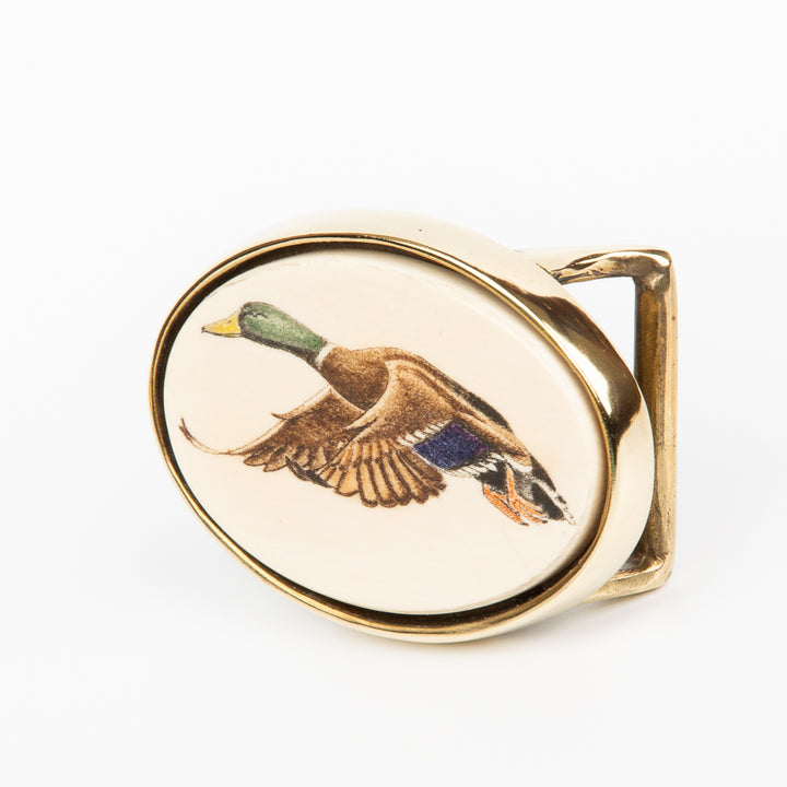 Mallard Duck Buckle - Scrimshaw, Mammoth Ivory, Solid Brass