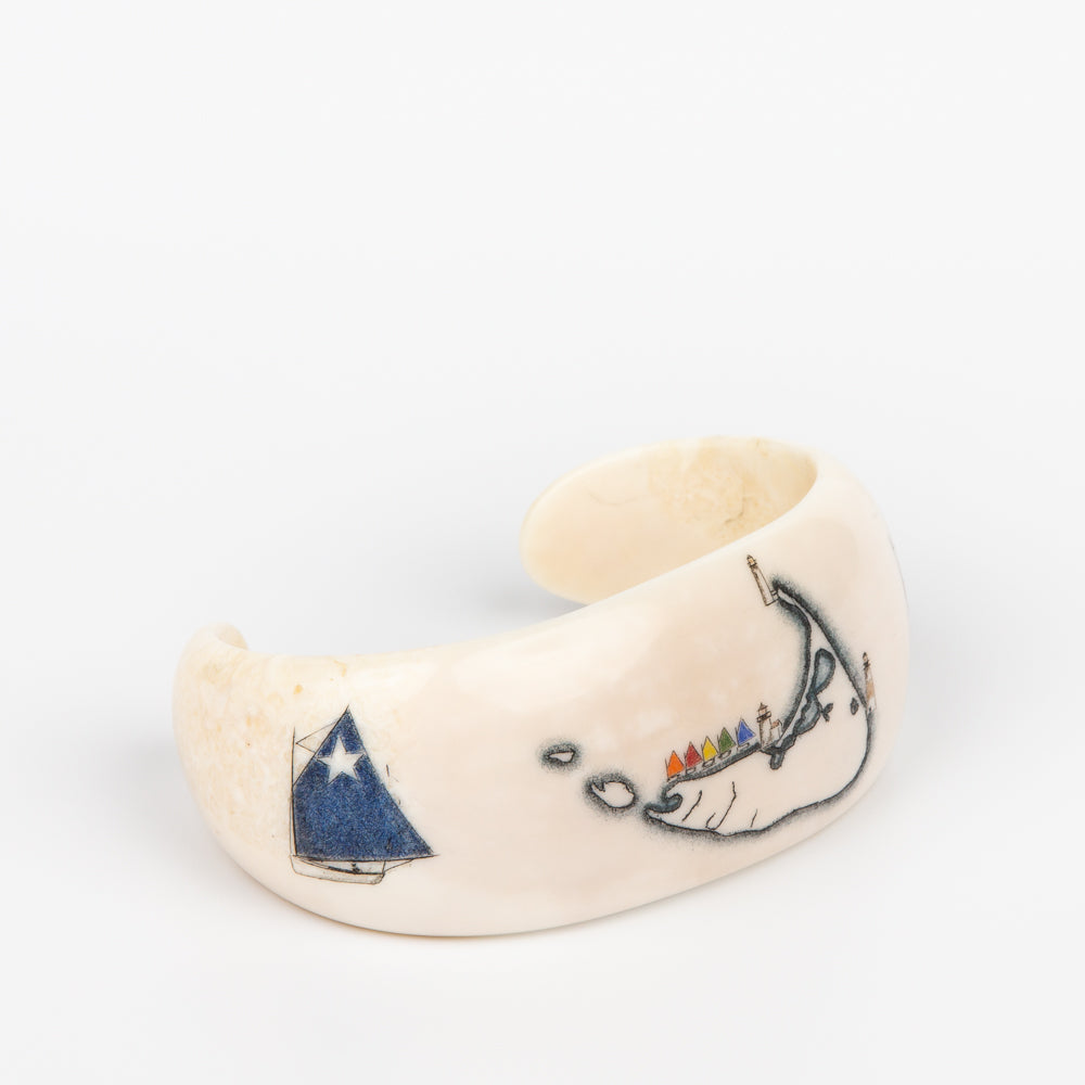 Nantucket Island Bangle Cuff Bracelet - Scrimshaw, Mammoth Ivory