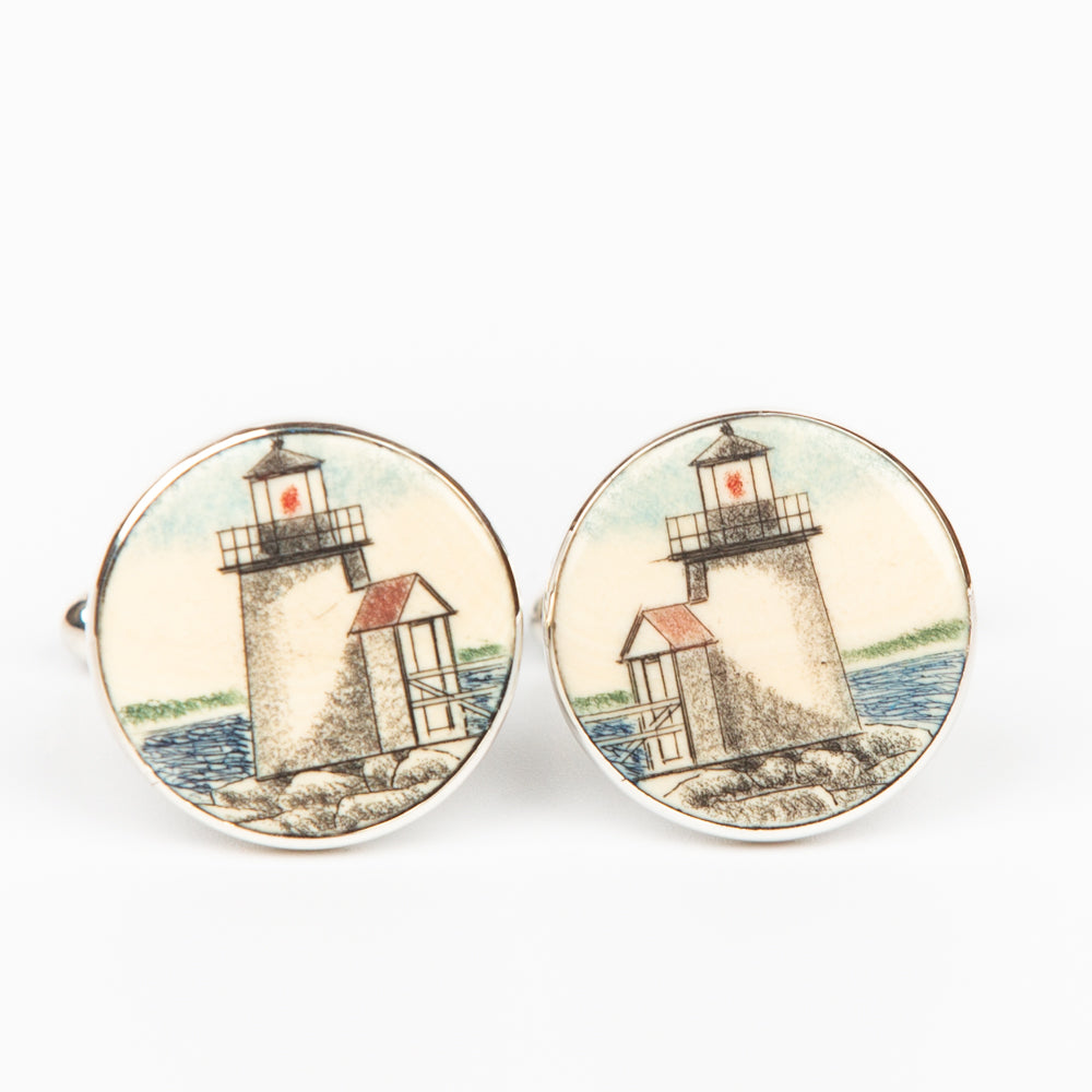 Brant Point Lighthouse Cufflinks - Scrimshaw, Mammoth Ivory, Sterling Silver