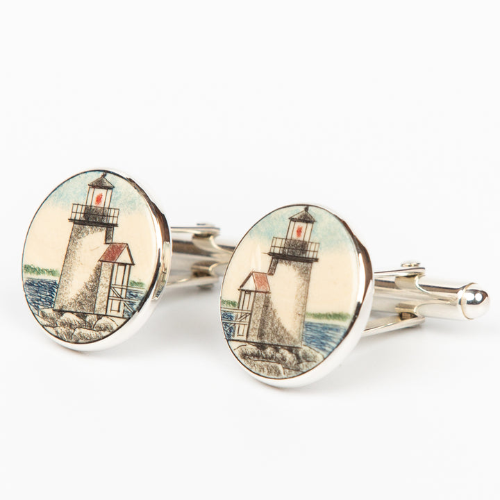 Brant Point Lighthouse Cufflinks - Scrimshaw, Mammoth Ivory, Sterling Silver