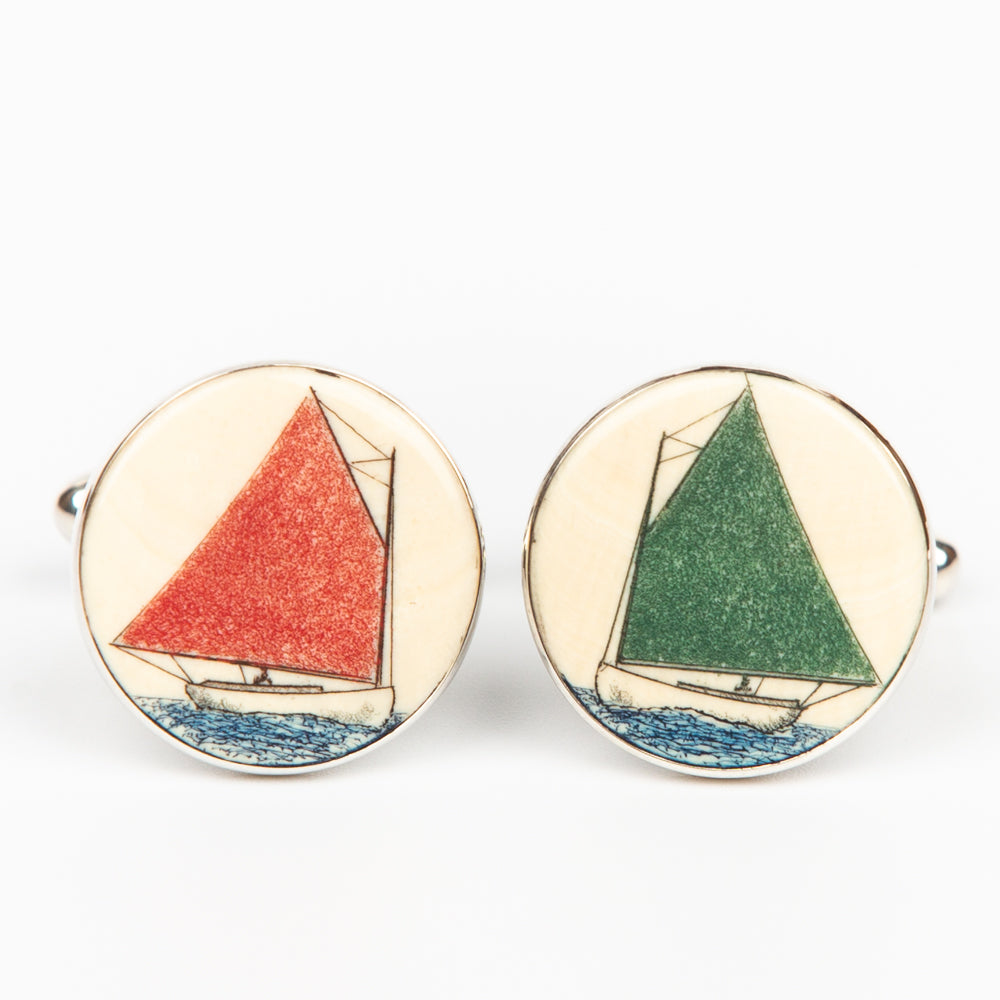 Red and Green Cufflinks - Scrimshaw, Mammoth Ivory, Sterling Silver