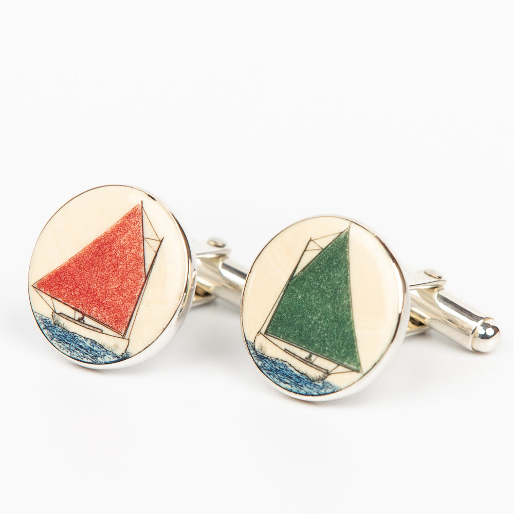 Red and Green Cufflinks - Scrimshaw, Mammoth Ivory, Sterling Silver