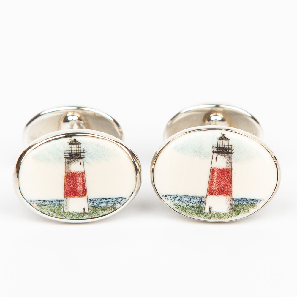 Sankaty Lighthouse and Sperm Whale Double Sided Cufflinks - Scrimshaw, Mammoth Ivory, Sterling Silver