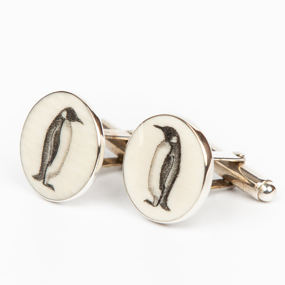 Penguins Cufflinks - Scrimshaw, Mammoth Ivory, Sterling Silver