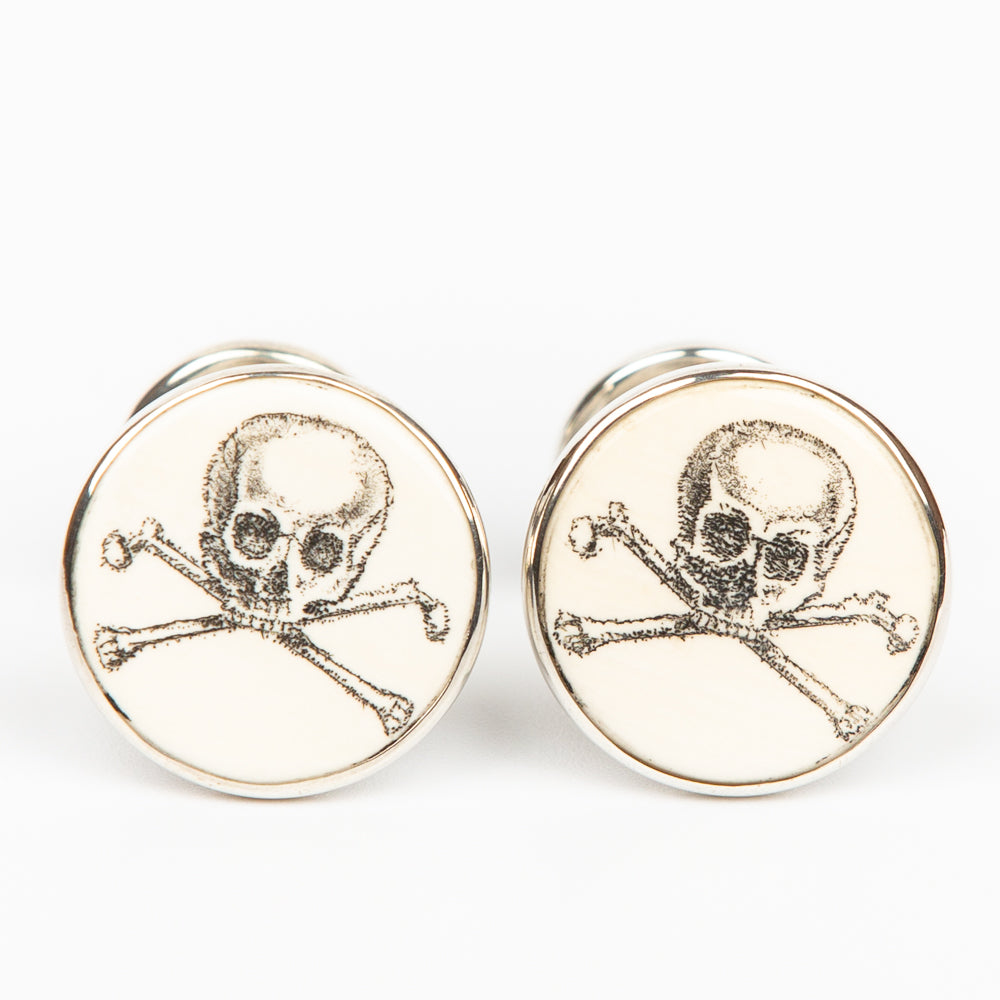 Skull and Crossbones and Clipper Double Sided Cufflinks - Scrimshaw, Mammoth Ivory, Sterling Silver