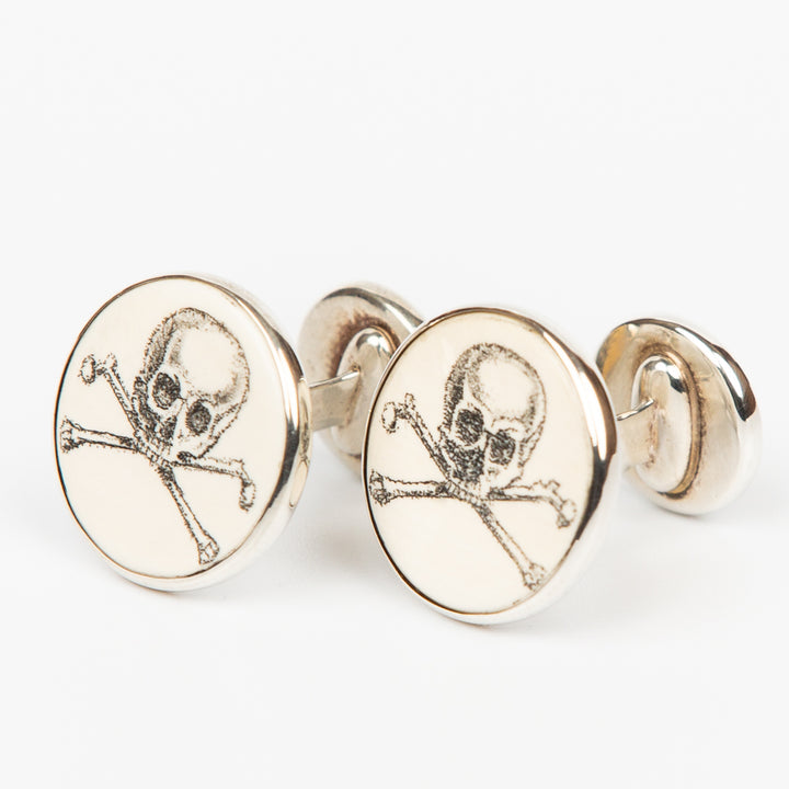 Skull and Crossbones and Clipper Double Sided Cufflinks - Scrimshaw, Mammoth Ivory, Sterling Silver