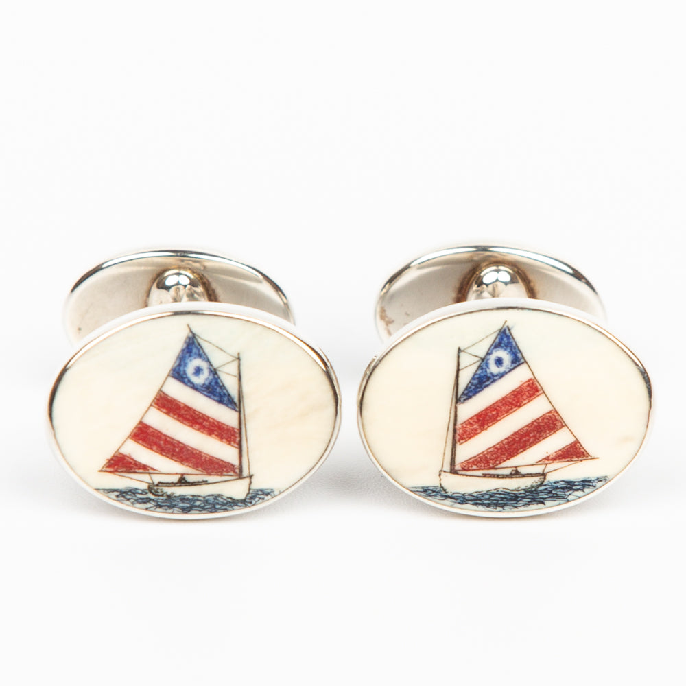 Catboat and Nantucket Island Double Sided Cufflinks - Scrimshaw, Mammoth Ivory, Sterling Silver