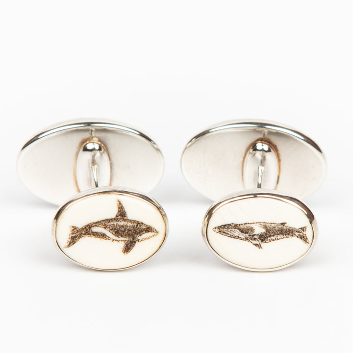 Whales Double Sided Cufflinks - Scrimshaw, Mammoth Ivory, Sterling Silver