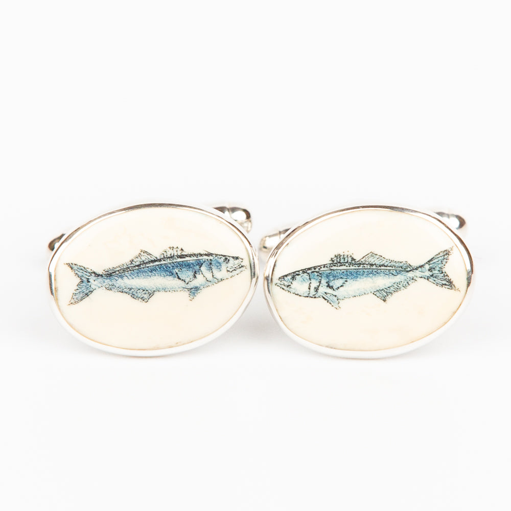 Blue Fish Cufflinks - Scrimshaw, Mammoth Ivory, Sterling Silver
