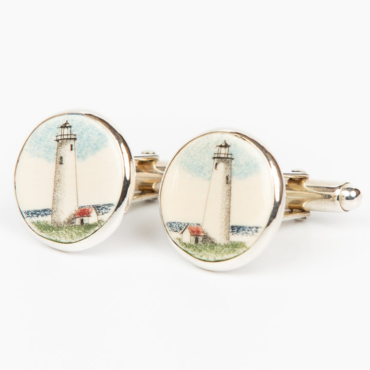 Great Point Lighthouse Cufflinks - Scrimshaw, Mammoth Ivory, Sterling Silver