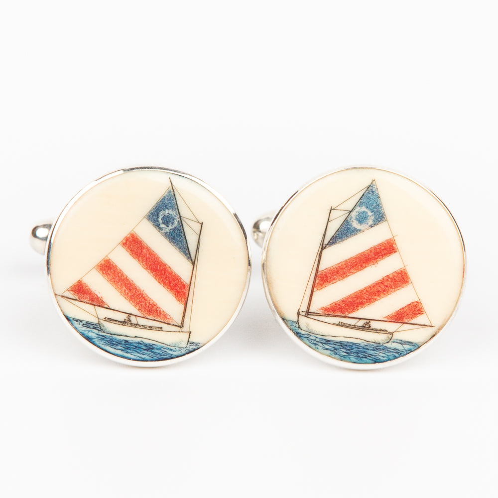 American Flag Catboat Cufflinks - Scrimshaw, Mammoth Ivory, Sterling Silver