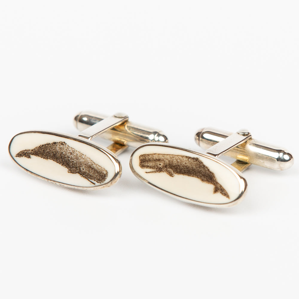 Sperm Whale Cufflinks - Scrimshaw, Mammoth Ivory, Sterling Silver
