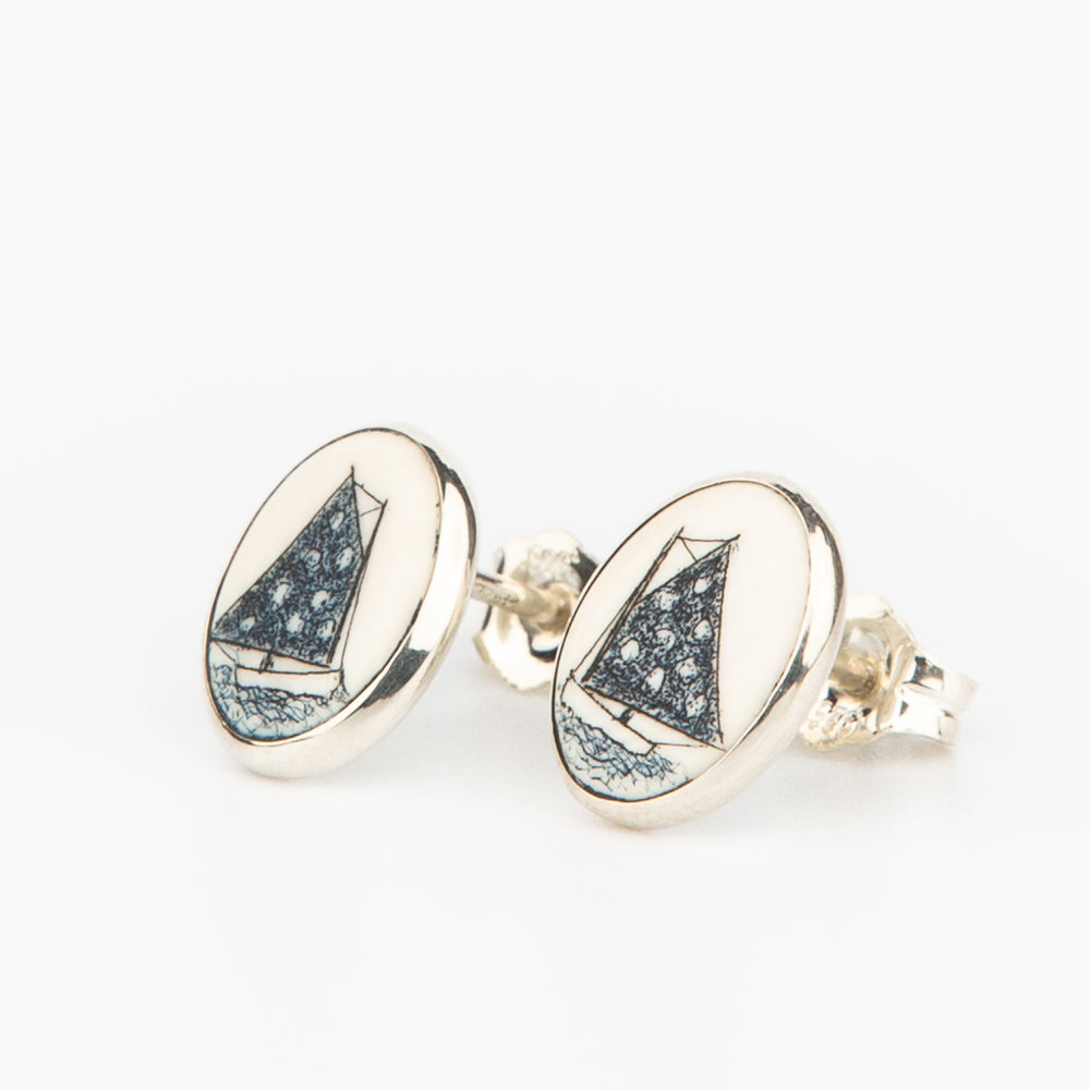 Stars Catboat Earrings - Scrimshaw, Mammoth Ivory, Sterling Silver