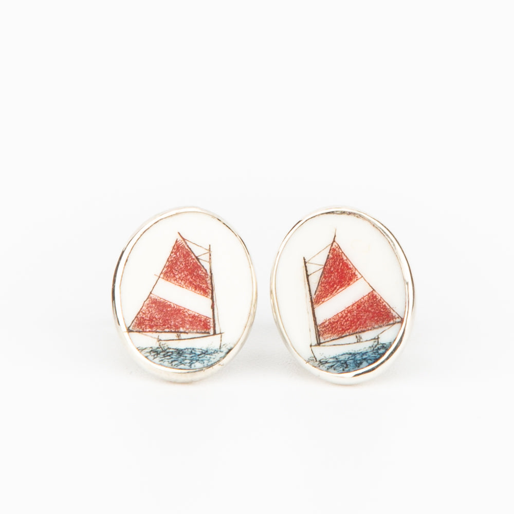 Red and White Catboat Earrings - Scrimshaw, Mammoth Ivory, Sterling Silver