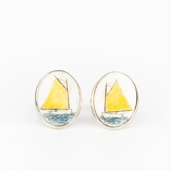 Yellow Catboat Earrings - Scrimshaw, Mammoth Ivory, Sterling Silver
