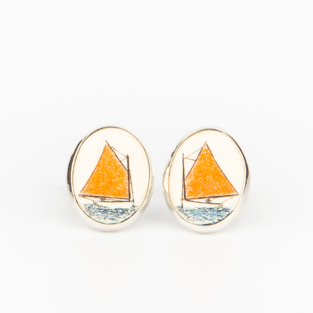 Orange Catboat Earrings - Scrimshaw, Mammoth Ivory, Sterling Silver