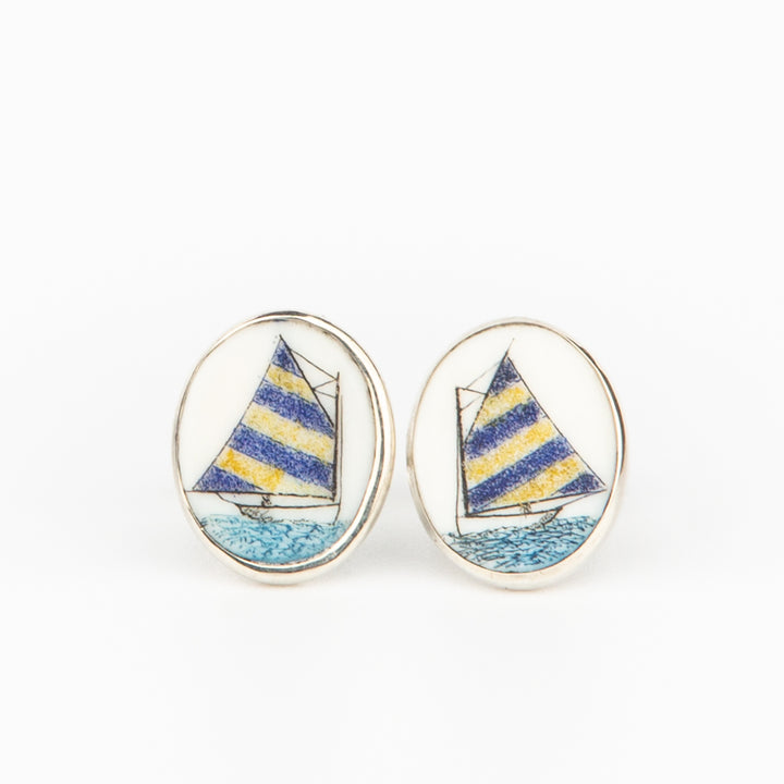 Blue and Yellow Catboat Earrings - Scrimshaw, Mammoth Ivory, Sterling Silver
