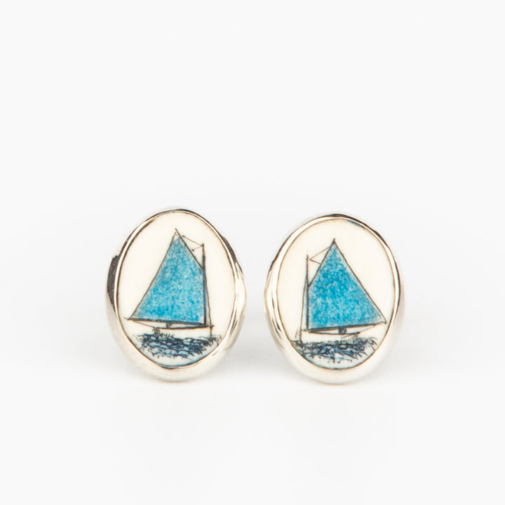 Light Blue Catboat Earrings - Scrimshaw, Mammoth Ivory, Sterling Silver