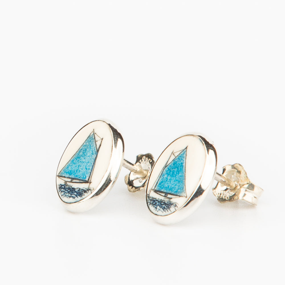 Light Blue Catboat Earrings - Scrimshaw, Mammoth Ivory, Sterling Silver