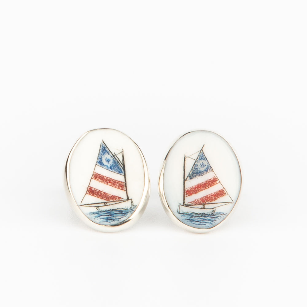American Flag Catboat Earrings - Scrimshaw, Mammoth Ivory, Sterling Silver