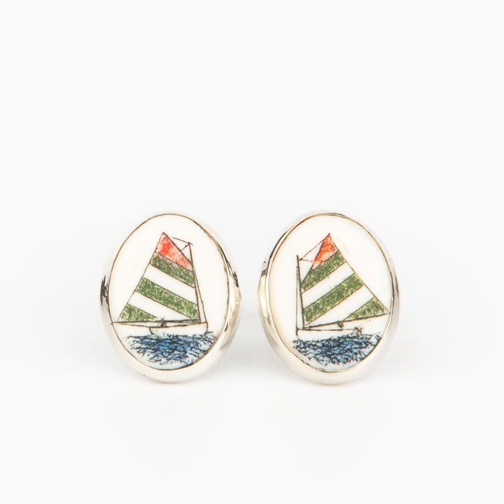 Green, White and Red Catboat Earrings - Scrimshaw, Mammoth Ivory, Sterling Silver