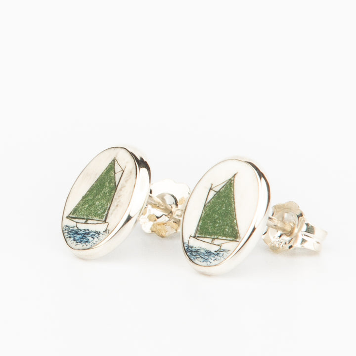 Green Catboat Earrings - Scrimshaw, Mammoth Ivory, Sterling Silver