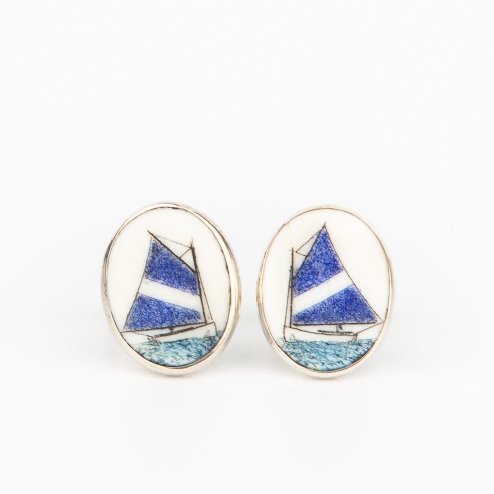 Blue and White Catboat Earrings - Scrimshaw, Mammoth Ivory, Sterling Silver