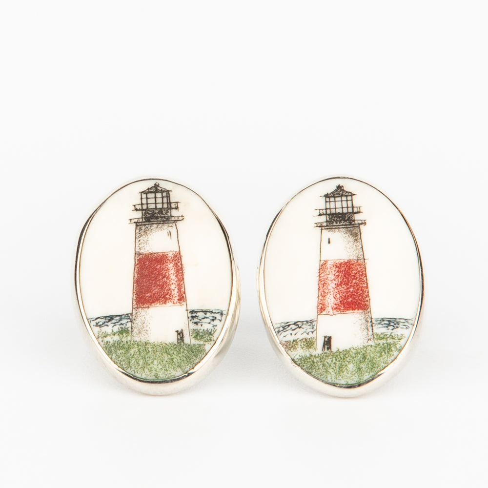 Sankaty Lighthouse Earrings - Scrimshaw, Mammoth Ivory, Sterling Silver