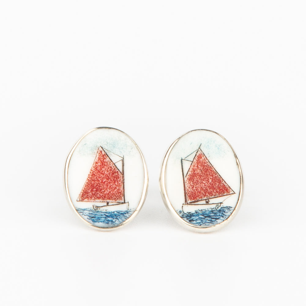 Red Catboat Earrings - Scrimshaw, Mammoth Ivory, Sterling Silver