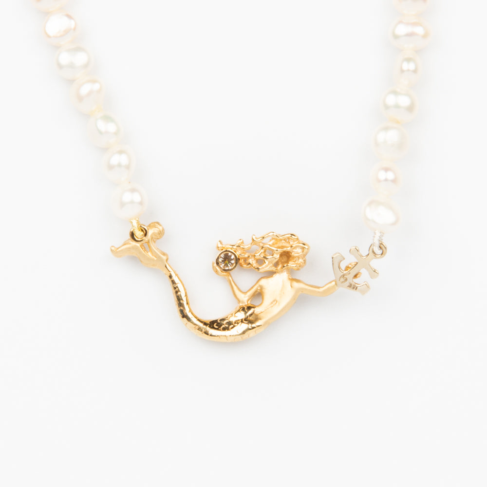 Mermaid with Anchor Necklace - 14K Gold, Diamond, Pearls