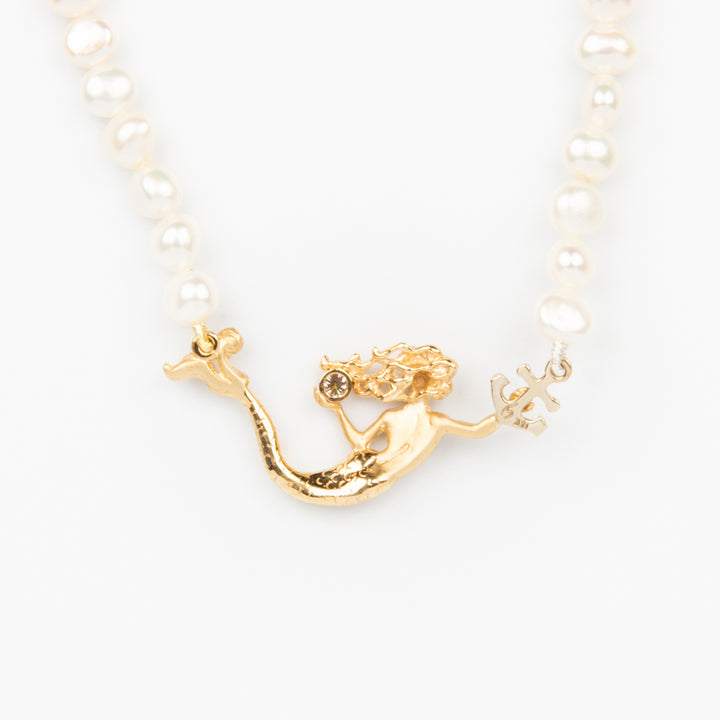 Mermaid with Anchor Necklace - 14K Gold, Diamond, Pearls