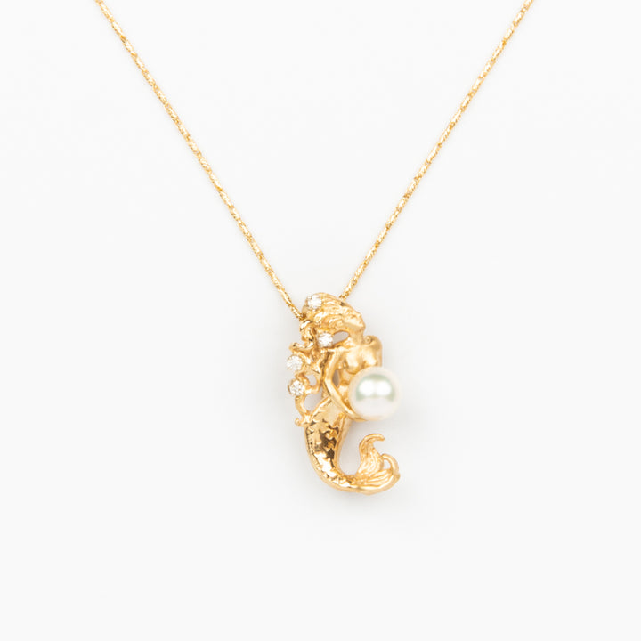 Mermaid Necklace with Pearl - 14K Gold, Diamonds, Pearl