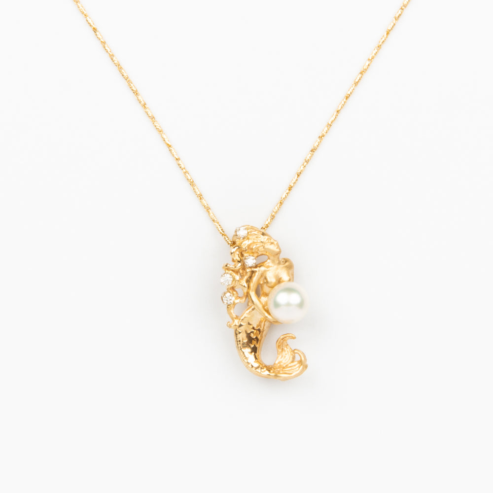 Mermaid Necklace with Pearl - 14K Gold, Diamonds, Pearl